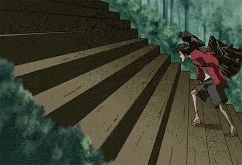 Un personnage de dessin animé gravit un escalier interminable