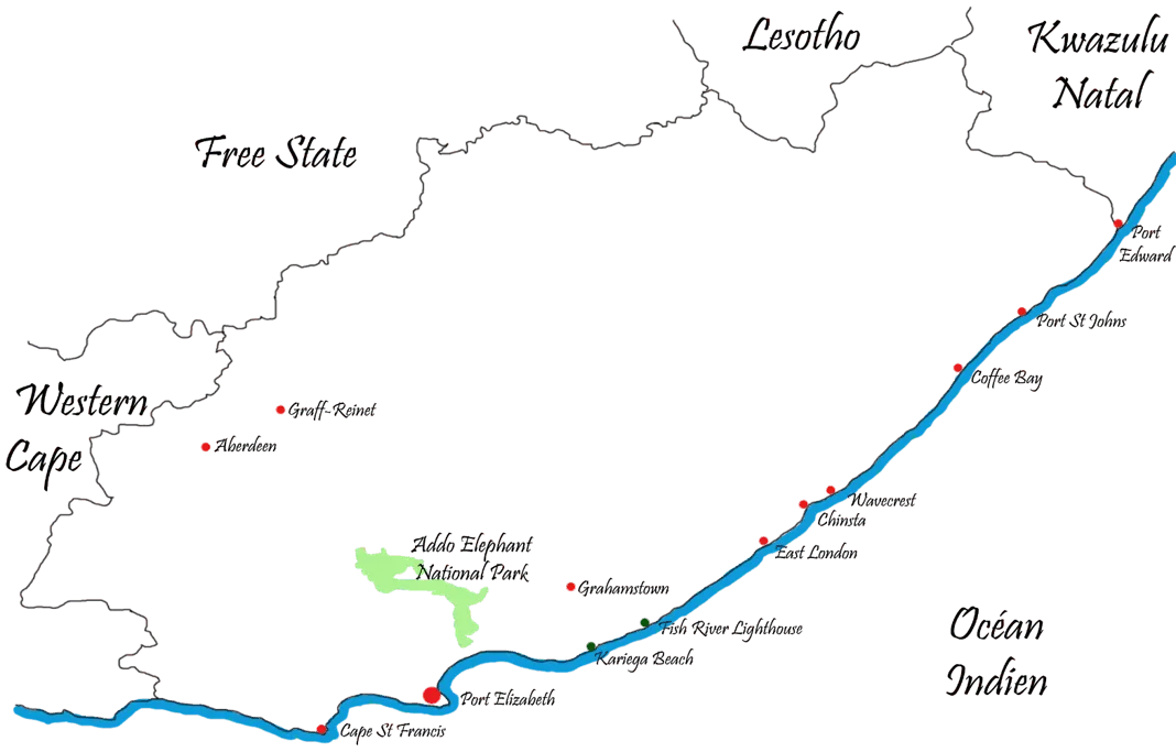Carte de l'Eastern Cape, de Port Elizabeth à Port St Johns