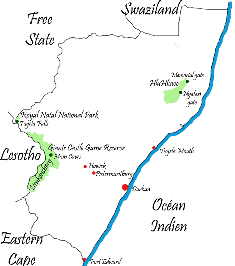 Facile de se retrouver grâce à la carte de la région du Kwazulu Natal !